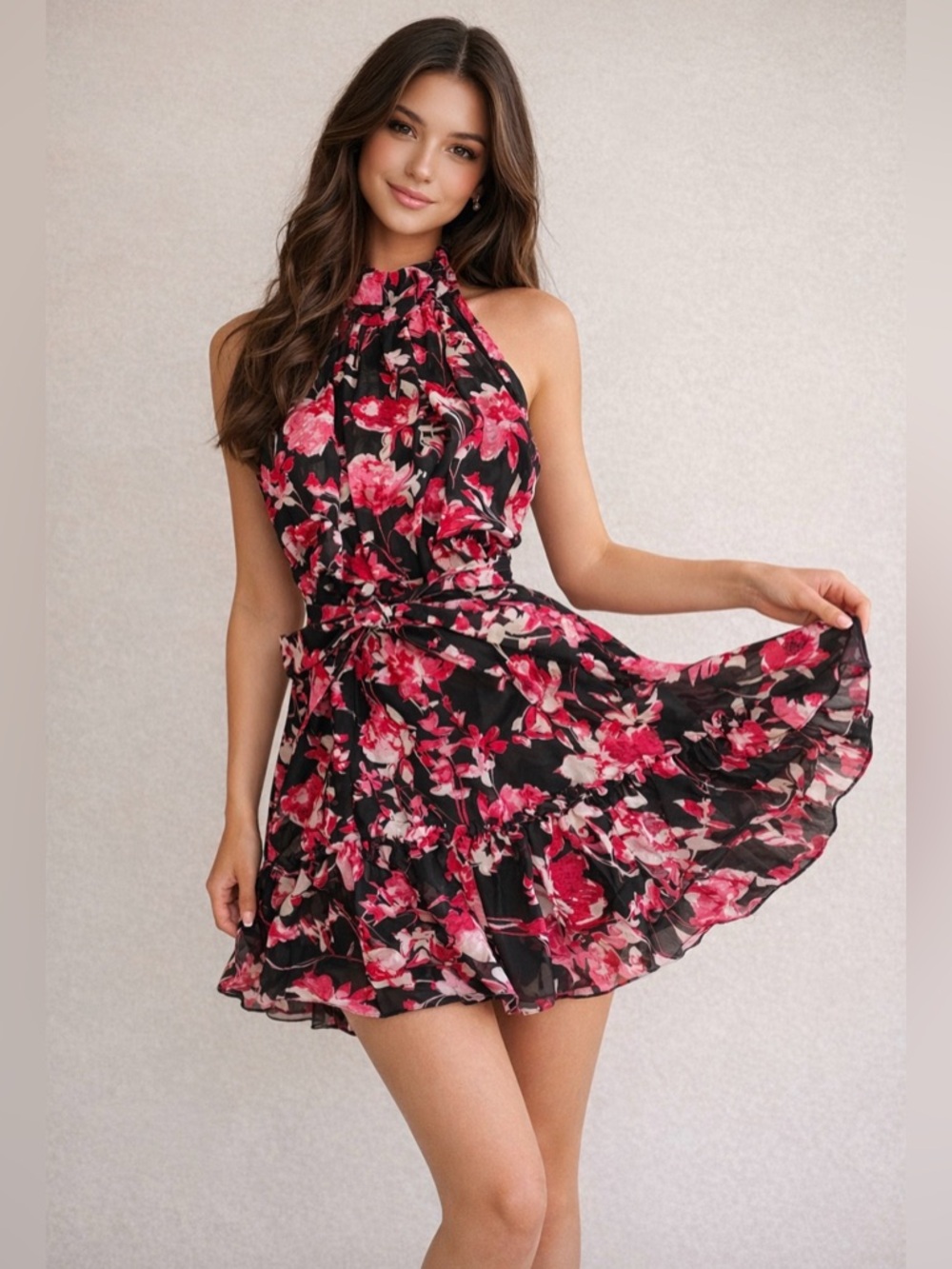 Just Taylor Black Pink Floral Halter Dress Ruffle NWT Size 2